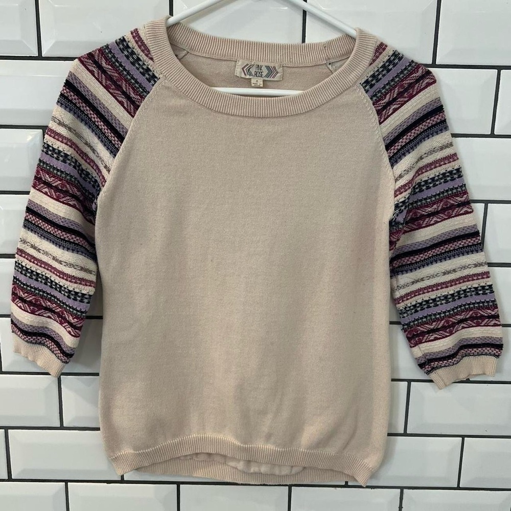 Pink Rose Crew Neck Multicolor Quarter Sleeve Sweater